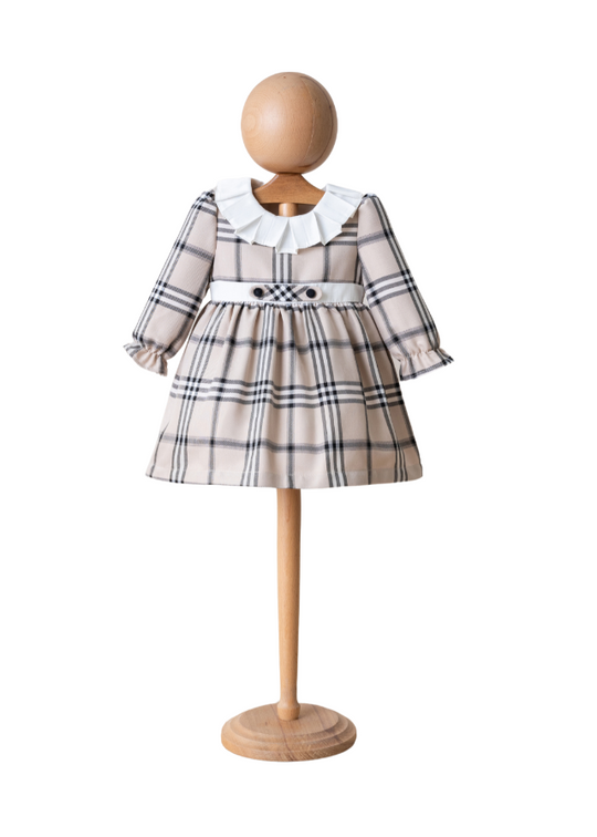 Black Plaid Beige Dress with Long Sleeves and White Collar 4126 MyMio
