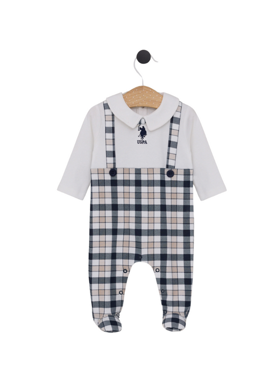 Cream Long Jumpsuit with Beige and Navy Plaid USB2058 V1 Us Polo Assn