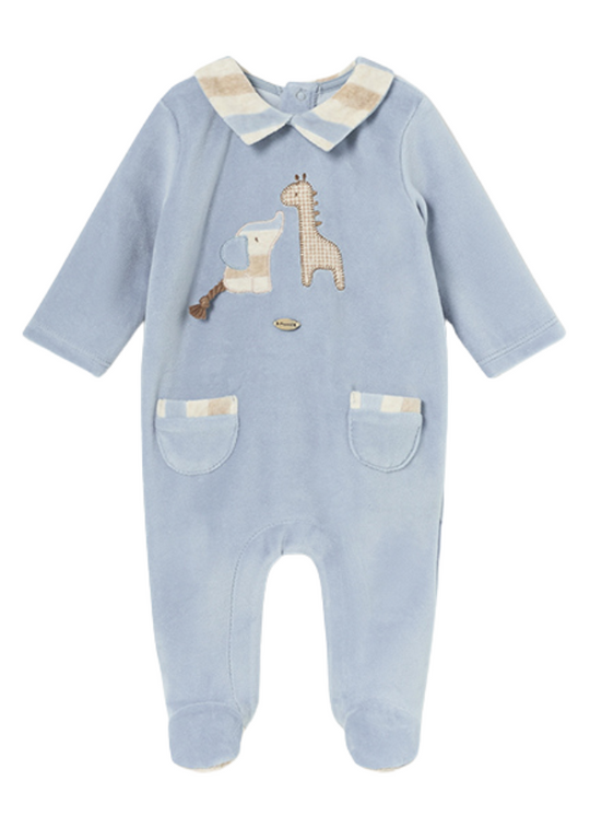Long Blue Velor Jumpsuit with Beige and Elephant Striped Collar 2793 col 62 Mayoral