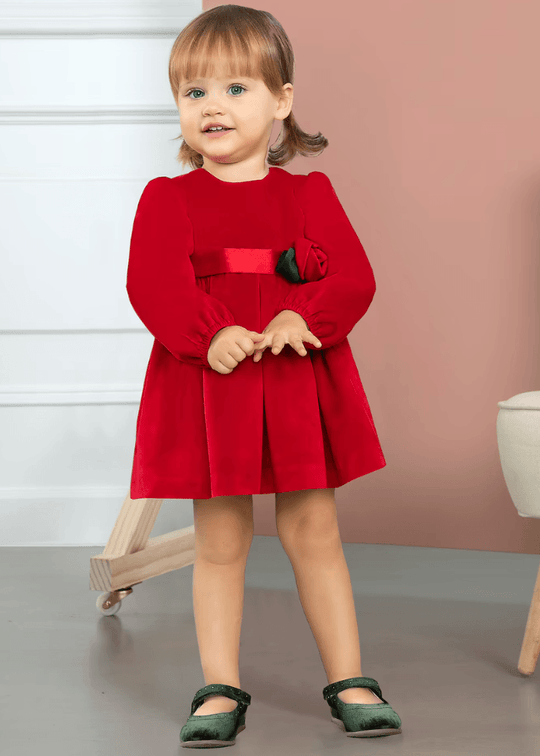 Red Velvet Long Sleeve Dress with Rose Waist 5509 Abel & Lula