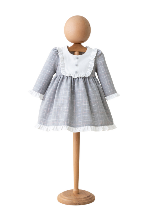 Gray Pink Plaid Dress with White Ruffle on Bust 4136 MyMio