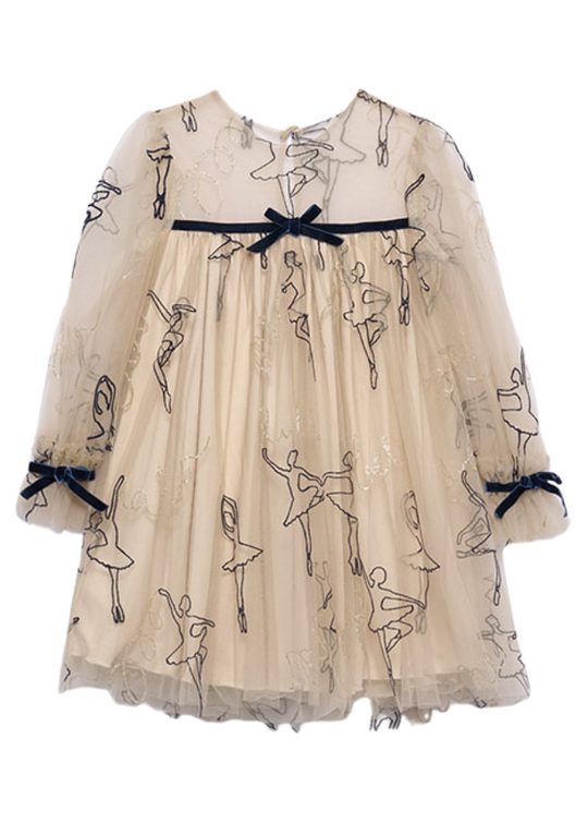 Beige Tulle Dress with Navy Blue Long Sleeve 5539 Abel & Lula
