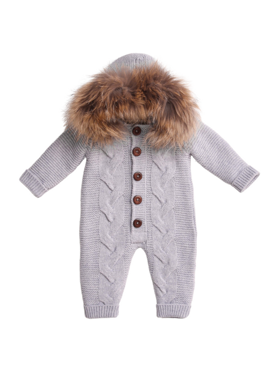 Blue Merino Wool Jumpsuit with Fur Hood and Buttons 9413 Leo King