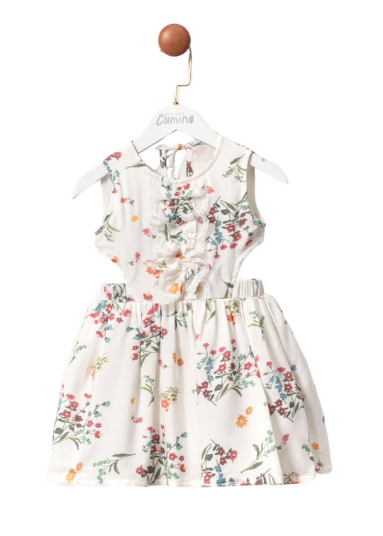 Ivory Dress with Small Flower Print with Cutouts at the Waist 3445 Mino Baby