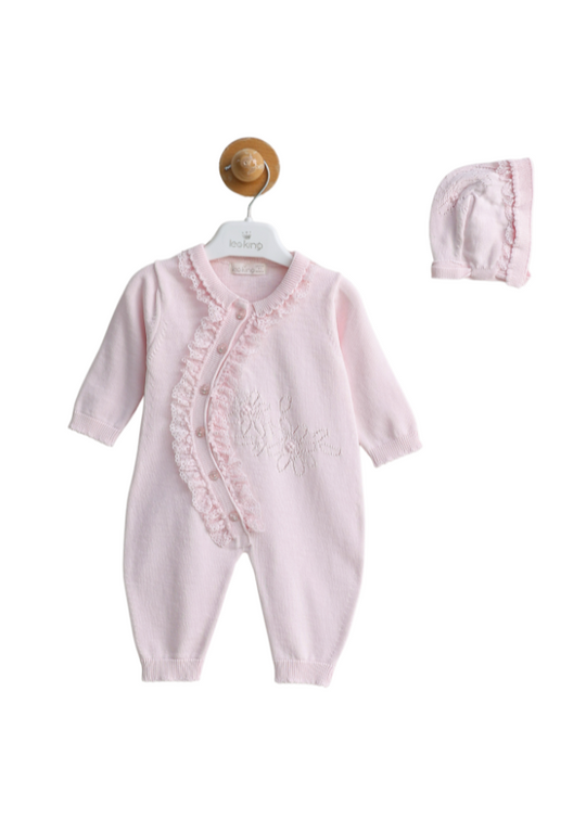 Long Pink Knitted Jumpsuit with Lace and Flower Pattern and Hat 7427 Leo King