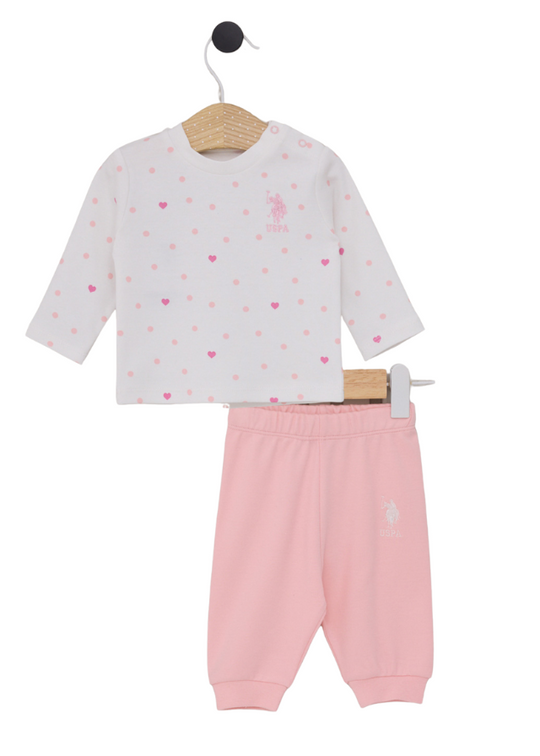 2 Piece Set Cream Heart Print Blouse and Pink Long Pants USB2102 V1 Us Polo Assn