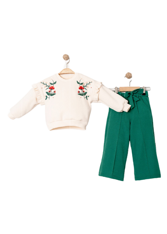 Set of 2 Pieces Beige Blouse with Flower Embroidery and Green Cloth Pants 15453 Bebus
