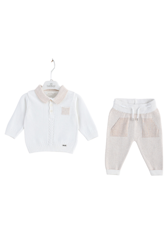 Set of 2 Pieces Cotton Knitted Cream Blouse with Beige Collar and Cream and Beige Pants 8512 Leo King