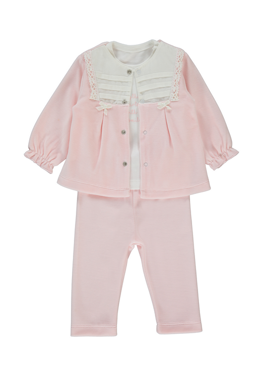 Set 3 Piese Jacheta si Pantaloni Catifea Roz si Bluza Crem K5088 Bebetto