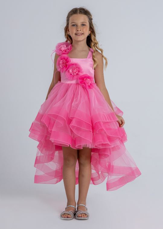 Pink Ceremony Dress with Tulle Skirt with Train and Flowers Applied to the Bust 3008 Mon Princess