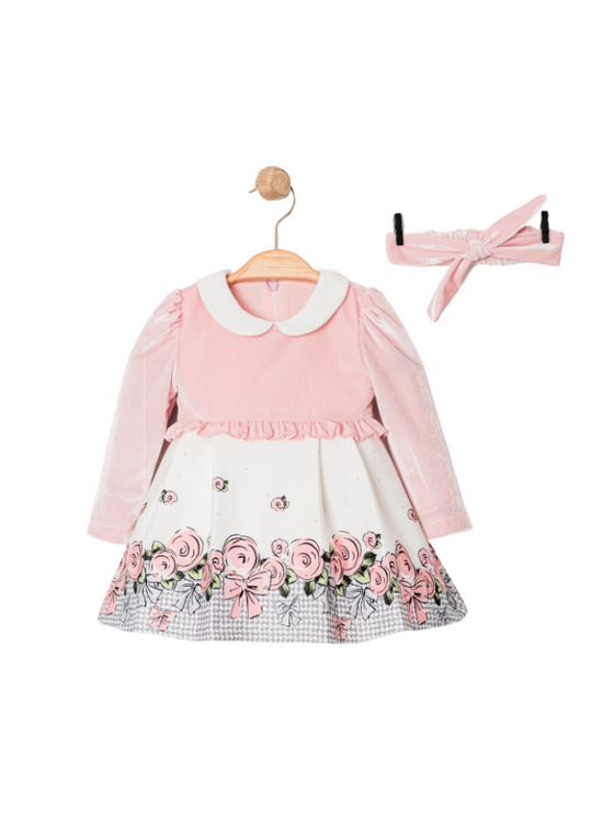 Pink Velvet Bust Dress with Long Sleeve Ivory Skirt with Flowers 15326 Bebus