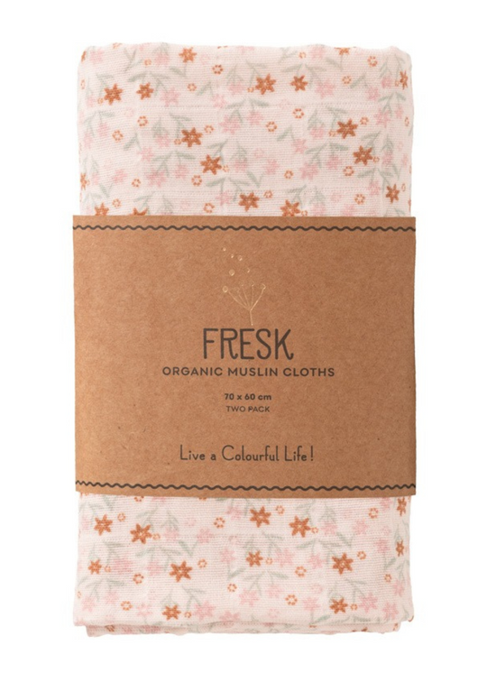 Set of 2 pink muslin blankets with flower print made of organic cotton 70x60 cm F115-75