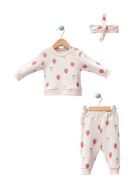 Set 2 Piese Bumbac Organic Bluza si Pantaloni Crem cu Imprimeu Capsuni 7012 Bubbles