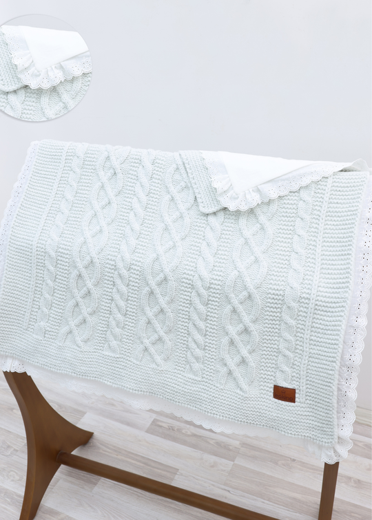 Set Pled Tricotat Gri cu Lana Merinos si Pled Bumbac cu Broderie 9721 Leo King