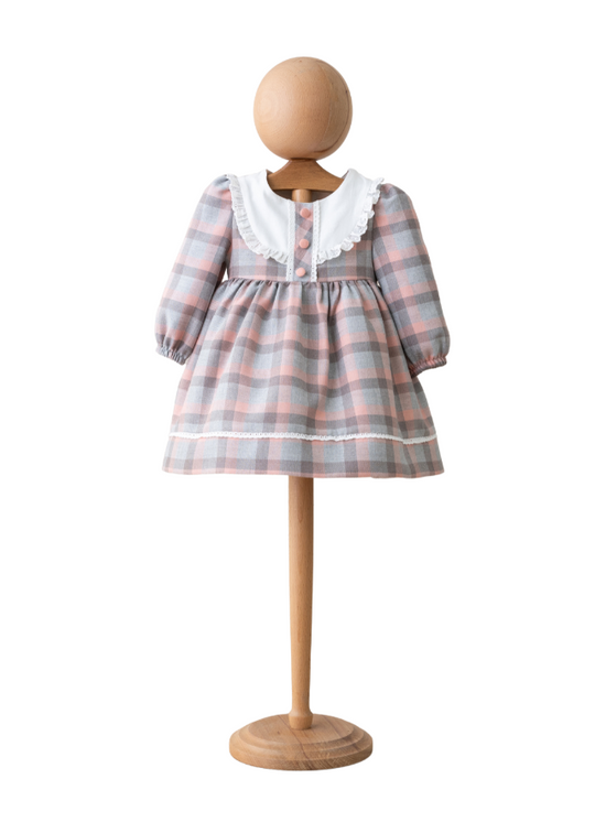 Pink and Gray Plaid Fabric Dress with White Ruffle Cotton Bust 4132 MyMio