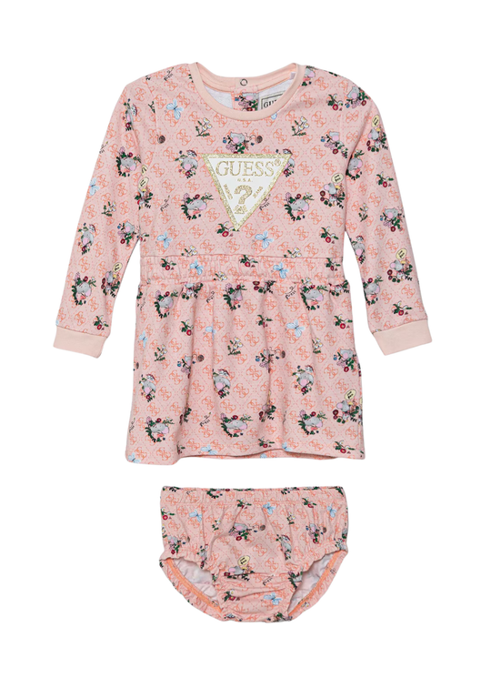 Rochie Somon cu Maneca Lunga cu Monograma si Imprimeu Fluturi si Flori A5YK02 KA6R4 P6XC Guess