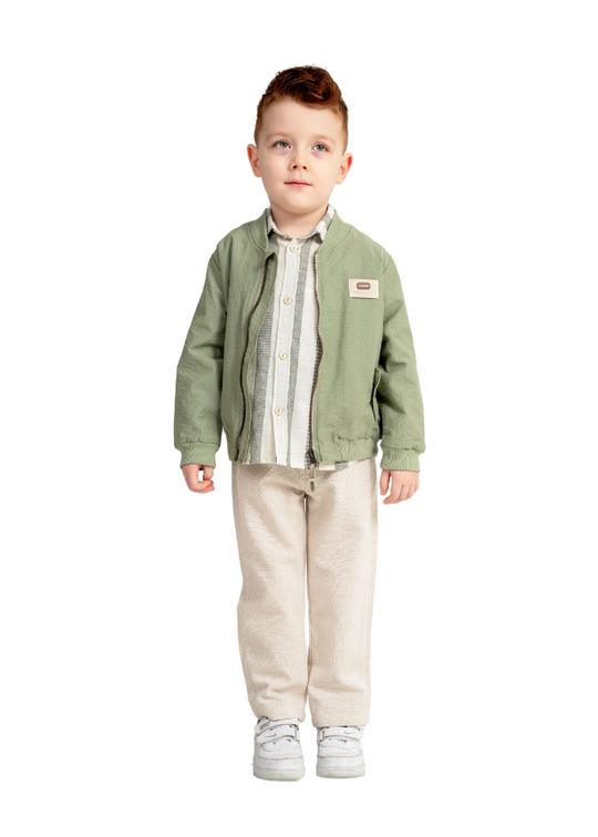 3 Piece Set Cream Shirt with Olive Stripes Green Jacket with Zipper and Beige Long Pants 6568 Hype&Grata