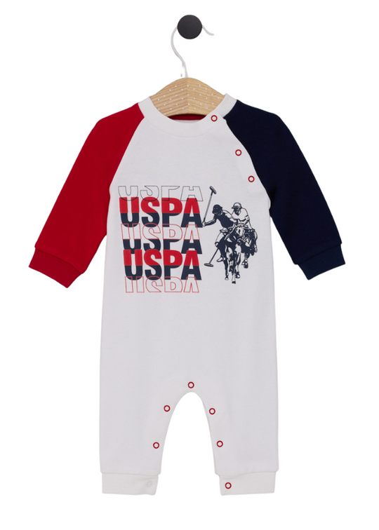 Cream Long Jumpsuit with Navy Blue and Red Sleeves USB2083 V1 Us Polo Assn