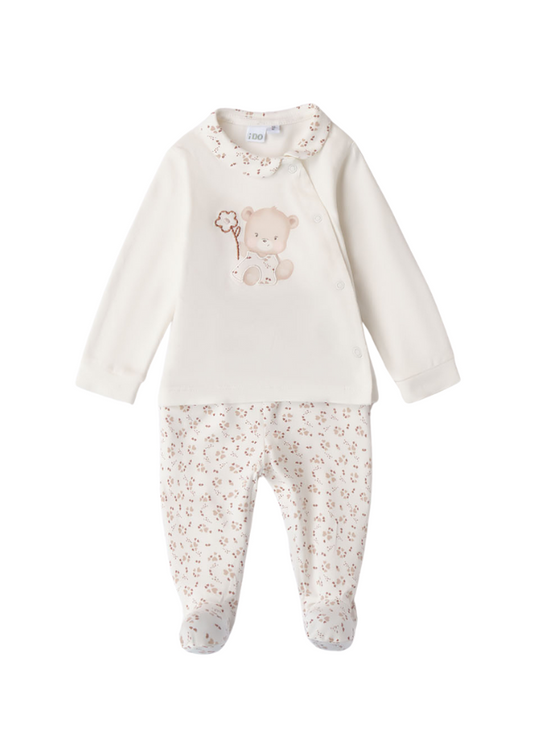 Set 2 Piese Pijama Crem, Bluza cu Urs si Pantaloni cu Imprimeu Flori Bej 8124 iDO