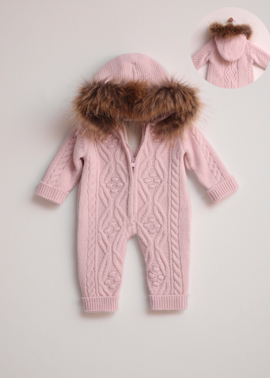 Pink Merino Wool Jumpsuit with Fur Hood and Zipper 9416 Leo King