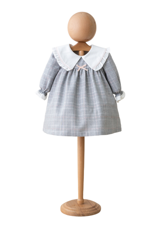 Gray Pink Plaid Dress with White High Collar and Long Sleeve 4134 MyMio