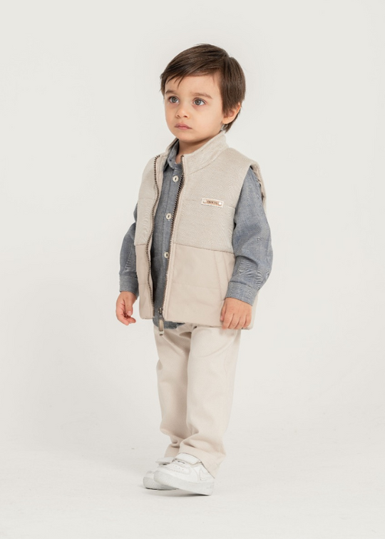 3 Piece Set Grey Shirt Quilted Vest and Beige Long Pants 6204 Hype&Grata