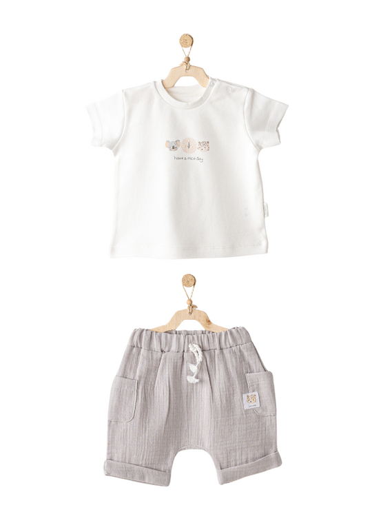 2 Piece Set Ivory T-Shirt and Gray Muslin Shorts AC25847 Andywawa