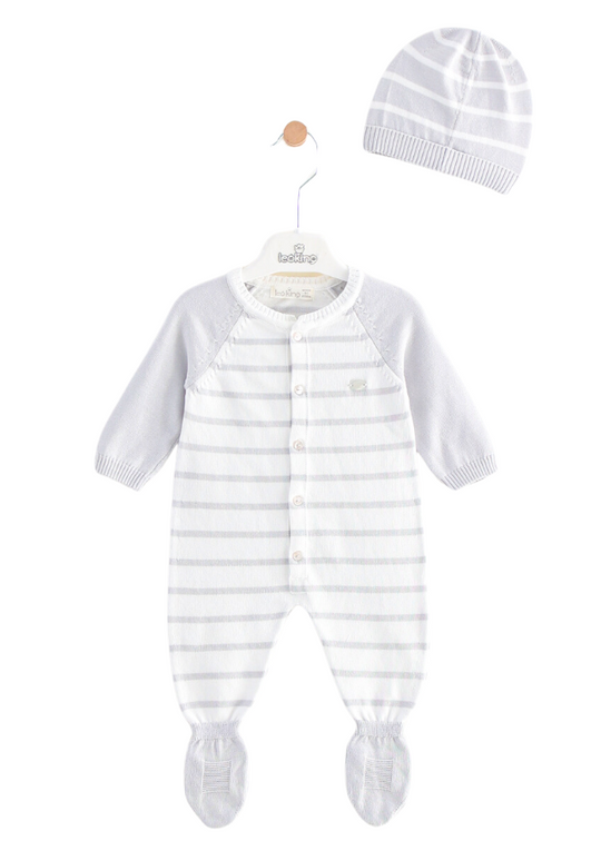 Long White Knitted Jumpsuit with Gray Stripes 7408 Leo King