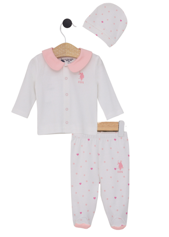 3 Piece Set Cream with Pink Hearts Blouse with Collar Pants and Fes USB2103 V1 Us Polo Assn