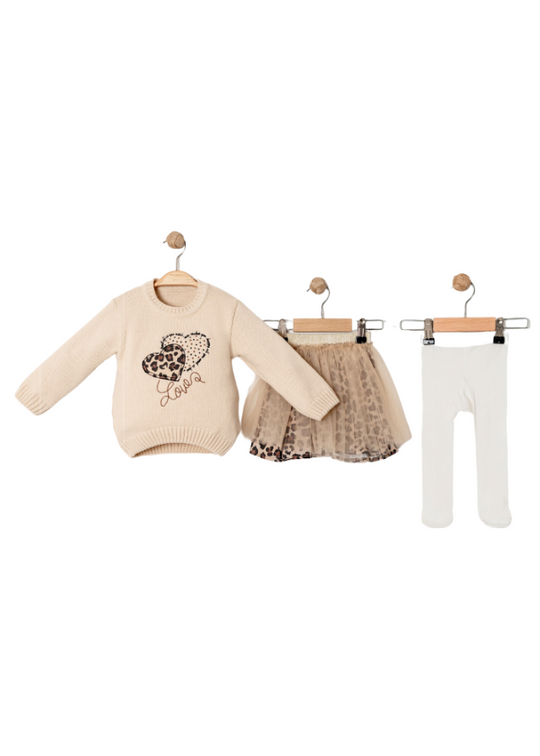 Set of 3 Pieces Beige Sweater Skirt with Leopard Print and Tulle and Dress 15493 Bebus