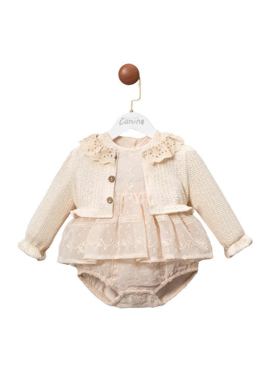Set of 2 Pieces, Cream Body with Voile Ruffle with Feathers and Bolero 3409 Mino Baby