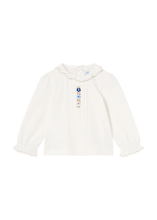 Long Sleeve Cream Blouse with Blue Flower Embroidery 2194 col 10 Mayoral