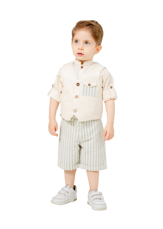 3 Piece Set Beige with Green Stripes Shirt with Cossack Collar Vest and Shorts 6165 Hype&Grata