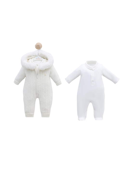 Set Salopeta Lunga Alba cu Lana Merinos cu Gluga si Blana si Salopeta Lunga Bumbac 9341 Leo King