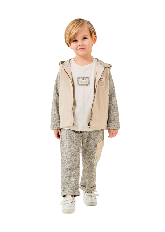 3 Piece Set Grey Sweatshirt and Wide Leg Pants with Beige and T-Shirt 6585 Hype&Grata