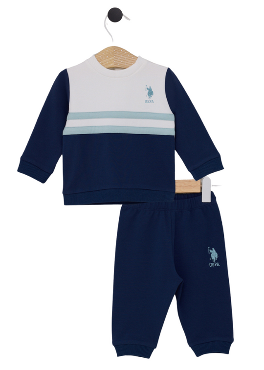 2 Piece Tracksuit Cream Sports Top with Navy Blue and Blue Stripes and Navy Blue Sports Pants USB2092 V1 Us Polo Assn