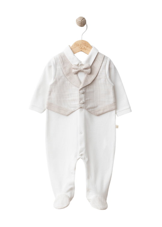 Long White Jumpsuit with Beige Stitched Vest and Bow Tie 4228 MyMio
