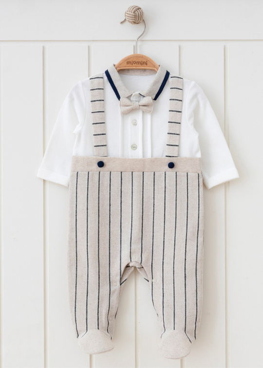 Salopeta Lunga Bej cu Dungi Bleumarin cu Papion 5601 MyMio