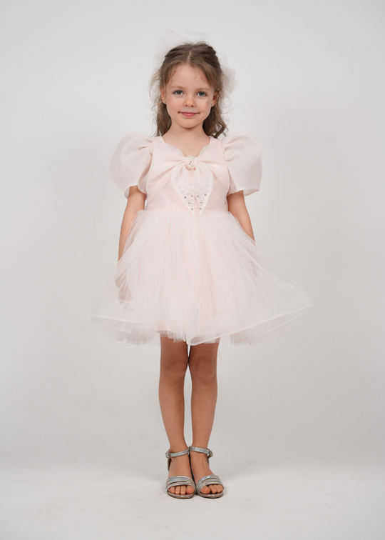 Salmon Ceremony Dress with Puffy Organza Sleeves and Tulle Skirt 3164 Mon Princess