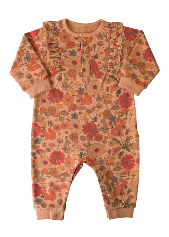 Long Organic Cotton Overalls Brick with Flower Print and Headband S24957 Kitikate