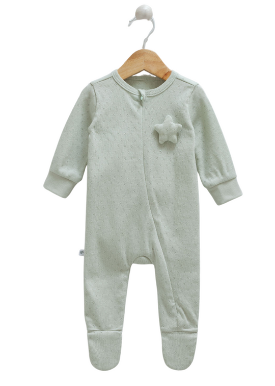 Green Perforated Cotton Long Jumpsuit with Zipper and Star on Bust 9854 Mell Sweet Baby