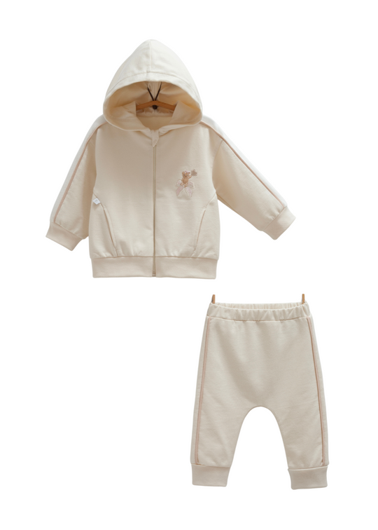 Trening 2 Piese Bej cu Dunga Bej si Urs Hanorac si Pantaloni Lungi TKK1399 Mell Sweet Baby