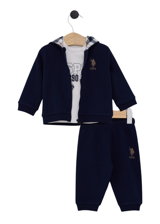 3 Piece Tracksuit Navy Blue Hoodie and Pants and Cream Blouse USB2062 V1 Us Polo Assn