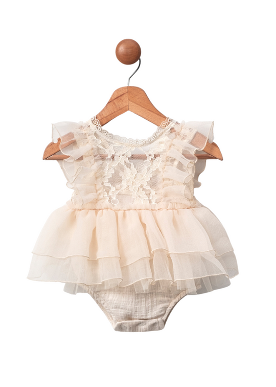 Beige Ceremony Dress with Lace Bust and Voile Ruffles 056 MJ Baby