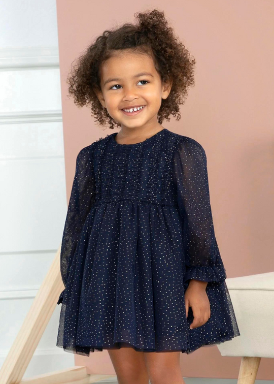 Dress with Sheer Sleeves in Navy Blue Tulle with Gold Picks 5510 Abel & Lula