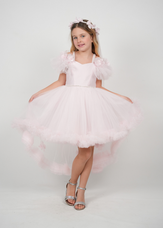 Salmon Ceremony Dress with Satin Bust, Tulle Skirt and Sleeves with Train and Appliqued Flowers 3192 Mon Princess
