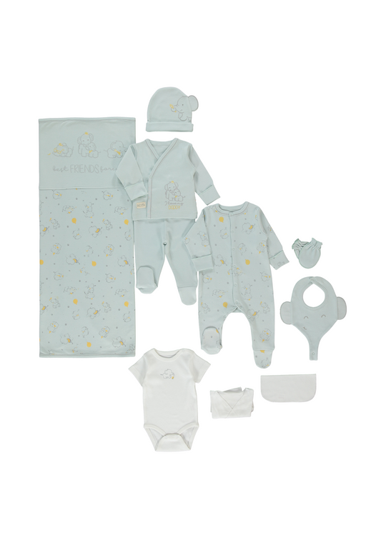 Set 10 Piese Maternitate Verde Menta cu Imprimeu Elefanti Z1054 Bebetto