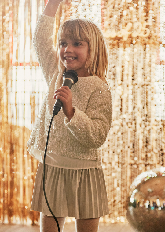 Rochie Combiata Bej cu Paiete si Fusta Pliseur 4925 Mayoral