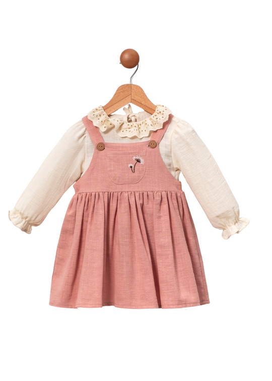 Set of 2 Powder Pink Sundress with Straps and Cream Blouse with Ruffled Cotton Lace Collar 037 MJ Baby