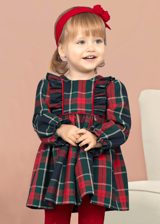 Girls Long Sleeve Dress Navy Blue Red and Green Checks 5512 Abel & Lula